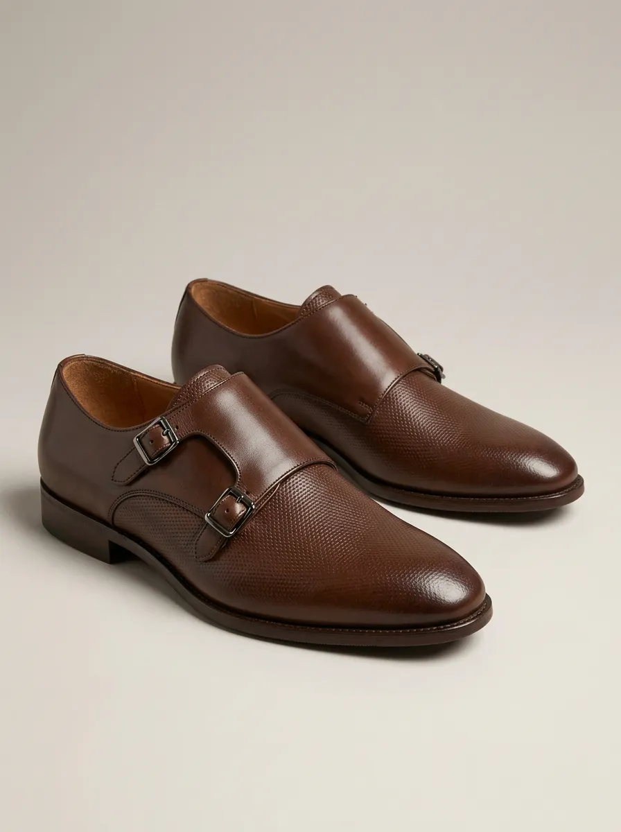 Men's Casual Business Formal Textured Leather Double Monk Strap Shoes