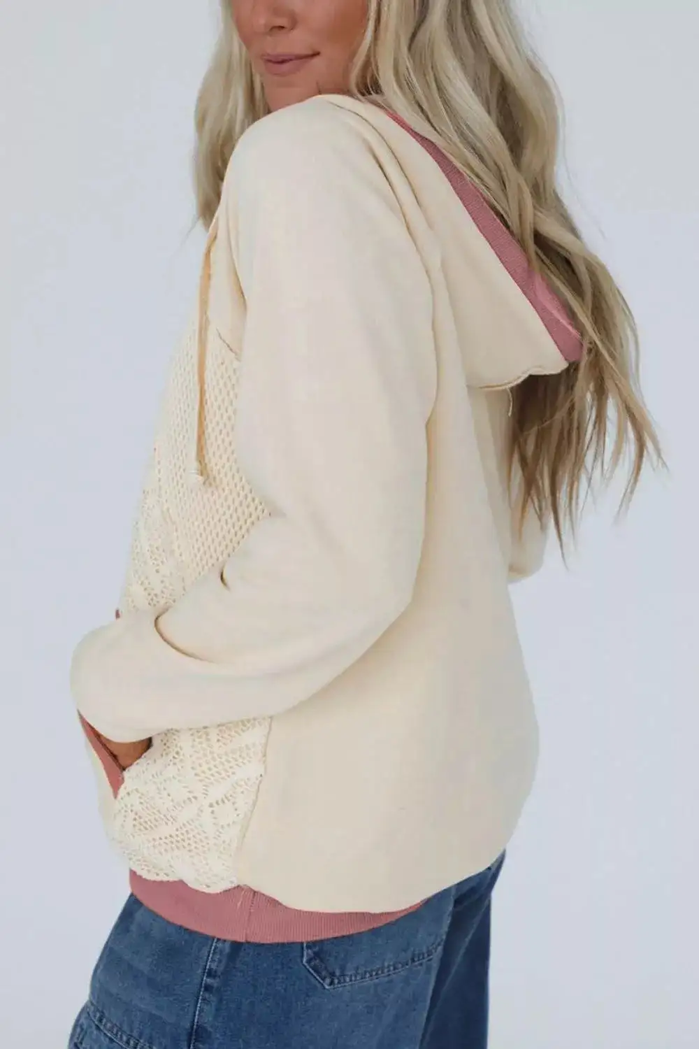 Drawstring Pocketed Crochet-Knit Contrast Hoodie