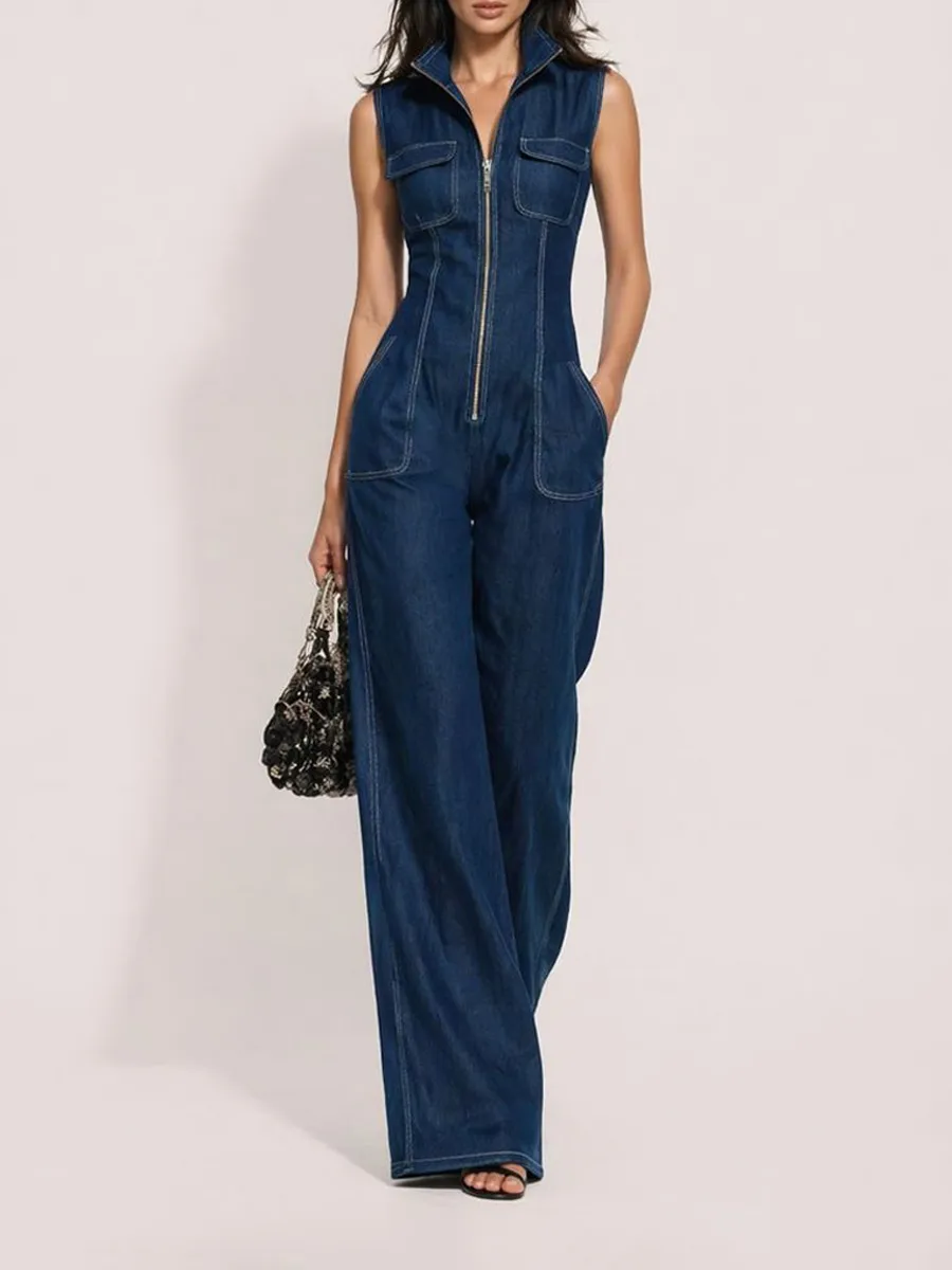 Celine Retro Stand-Collar Zip-Front Sleeveless Denim Jumpsuit