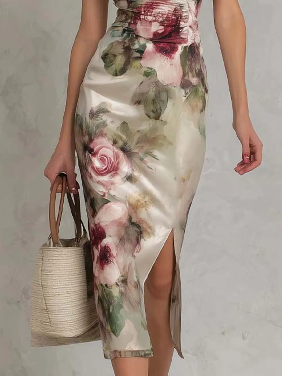 Satin Floral Print Ruched Midi Dress With Side Slit