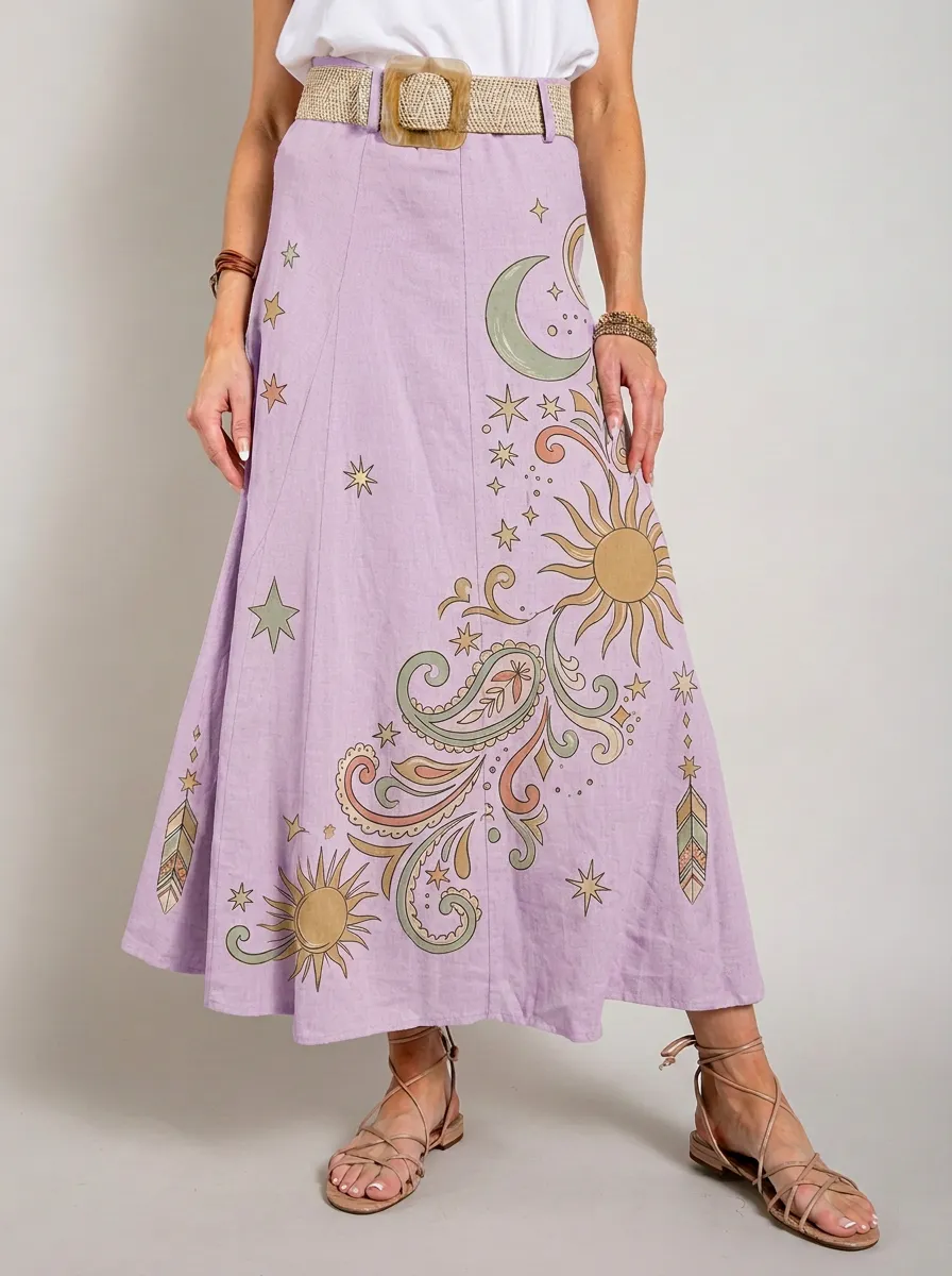 Women's Boho Celestial Sun Moon Paisley Printed Maxi Skirt