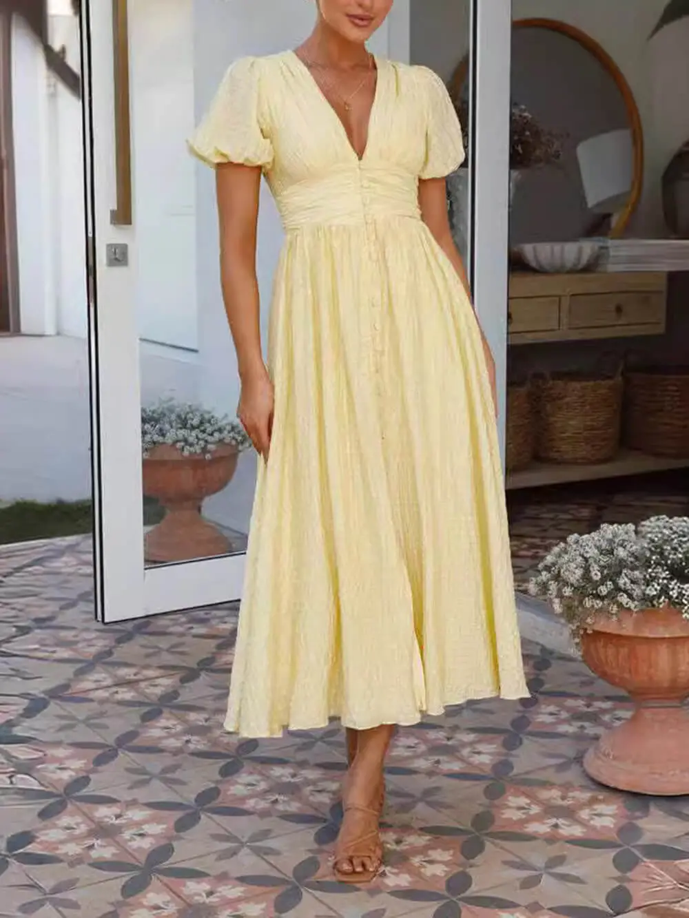 Puff Sleeve V Neck Long Oversized Midi Dress