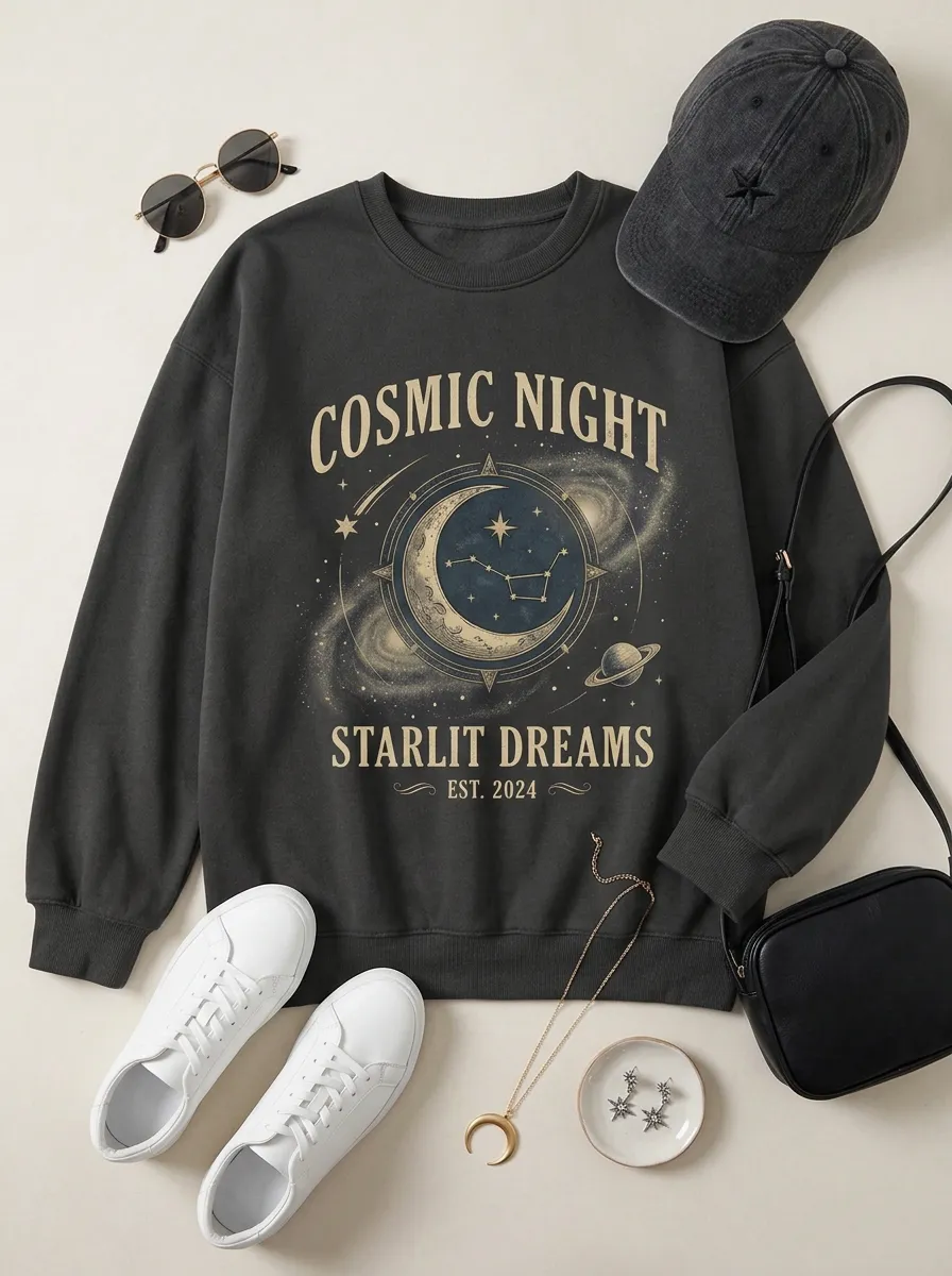 Women's Cosmic Night Starlit Dreams Moon Planet Printed T-shirt