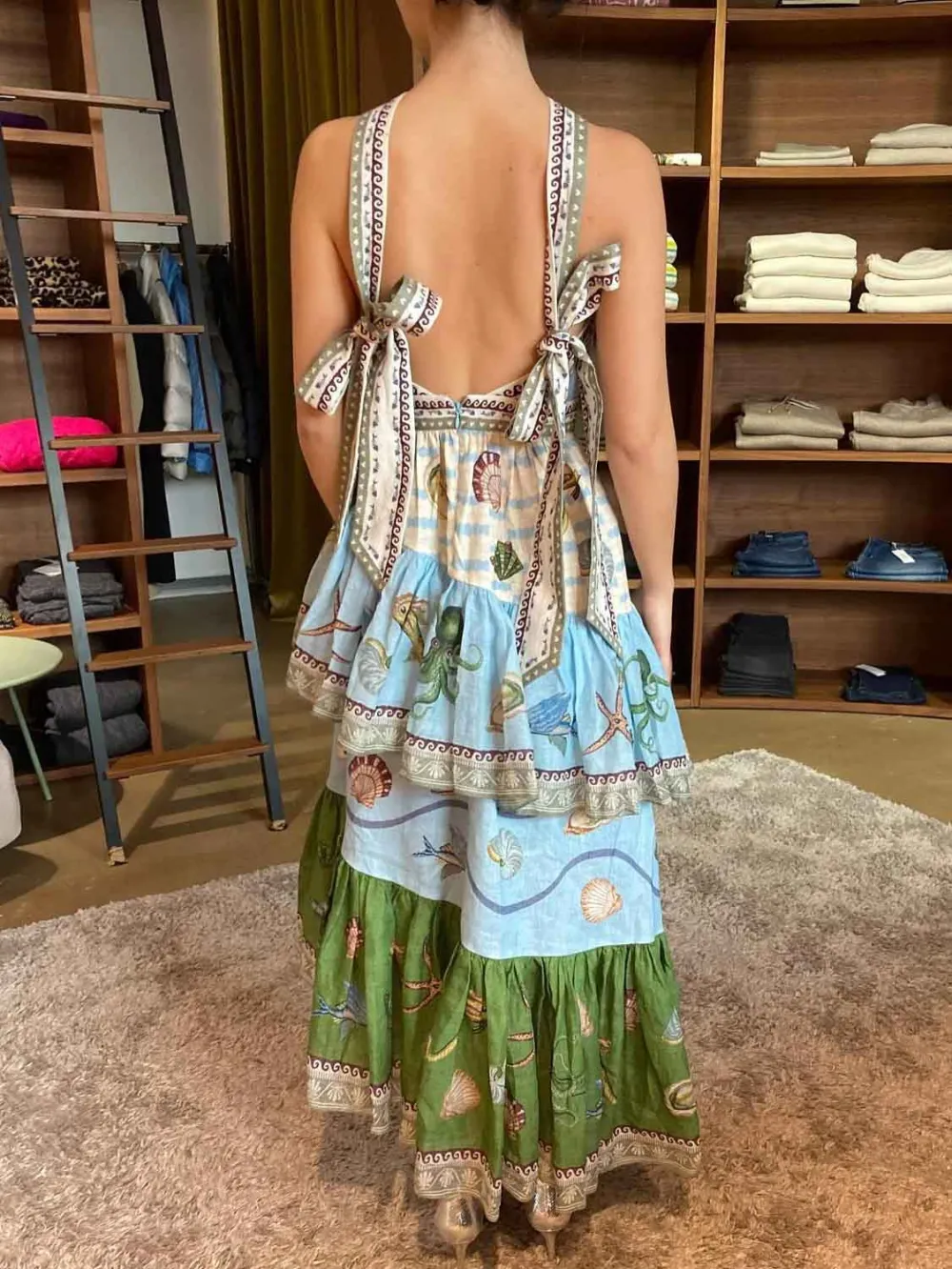 Deep Sea Floral Print Tiered Irregular Midi Dress
