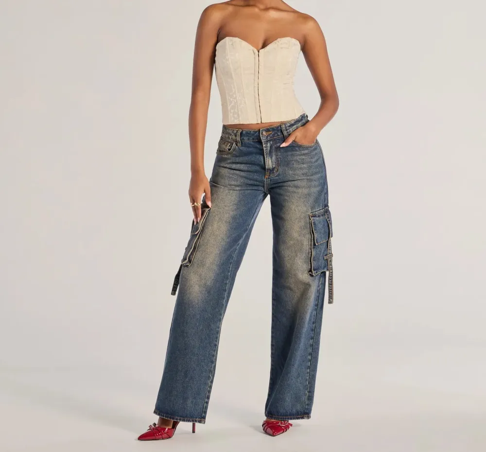 Dark Denim High-Rise Wide-Leg Cargo Jeans
