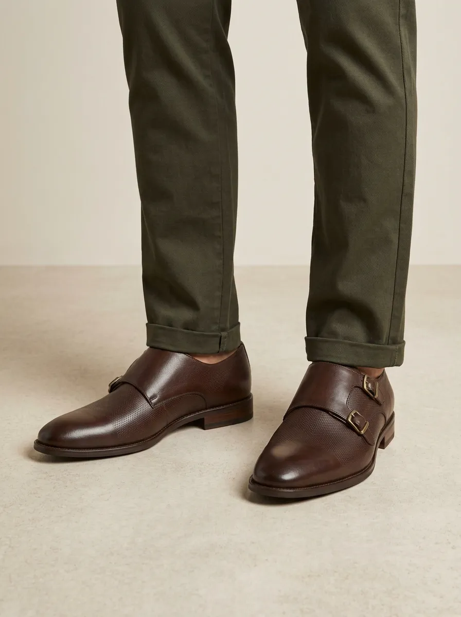 Men's Casual Business Formal Textured Double Monk Strap Leather Shoes