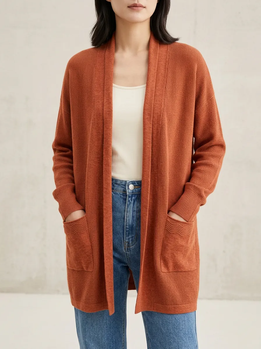 Relaxed Waffle-Knit Open-Front Knit Cardigan