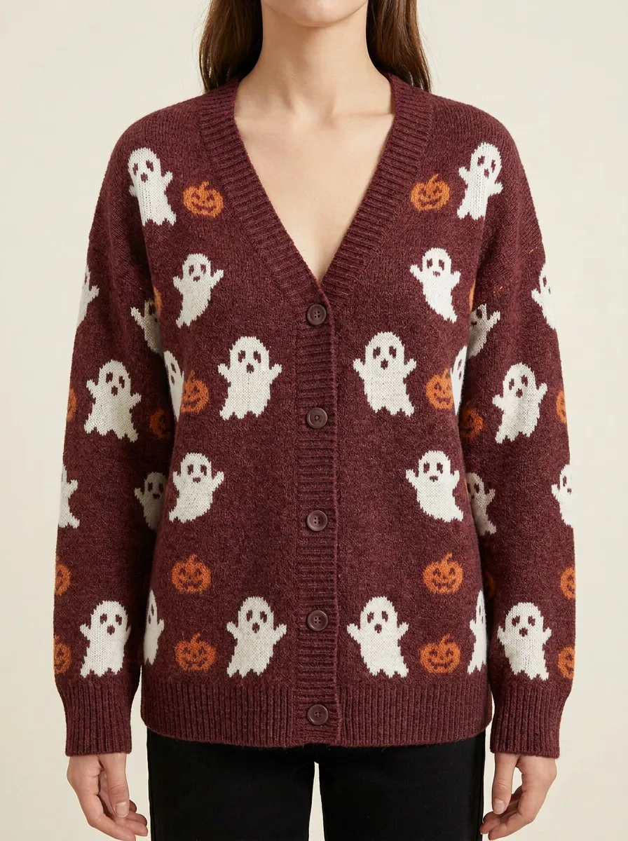 Women's Spooky Ghost Pumpkin Halloween Print Cardigan