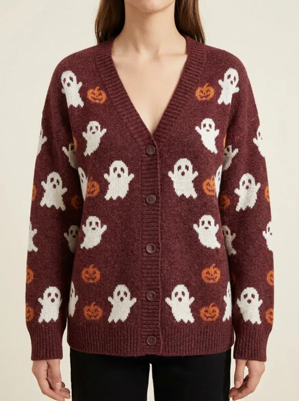 Women's Spooky Ghost Pumpkin Halloween Print Cardigan