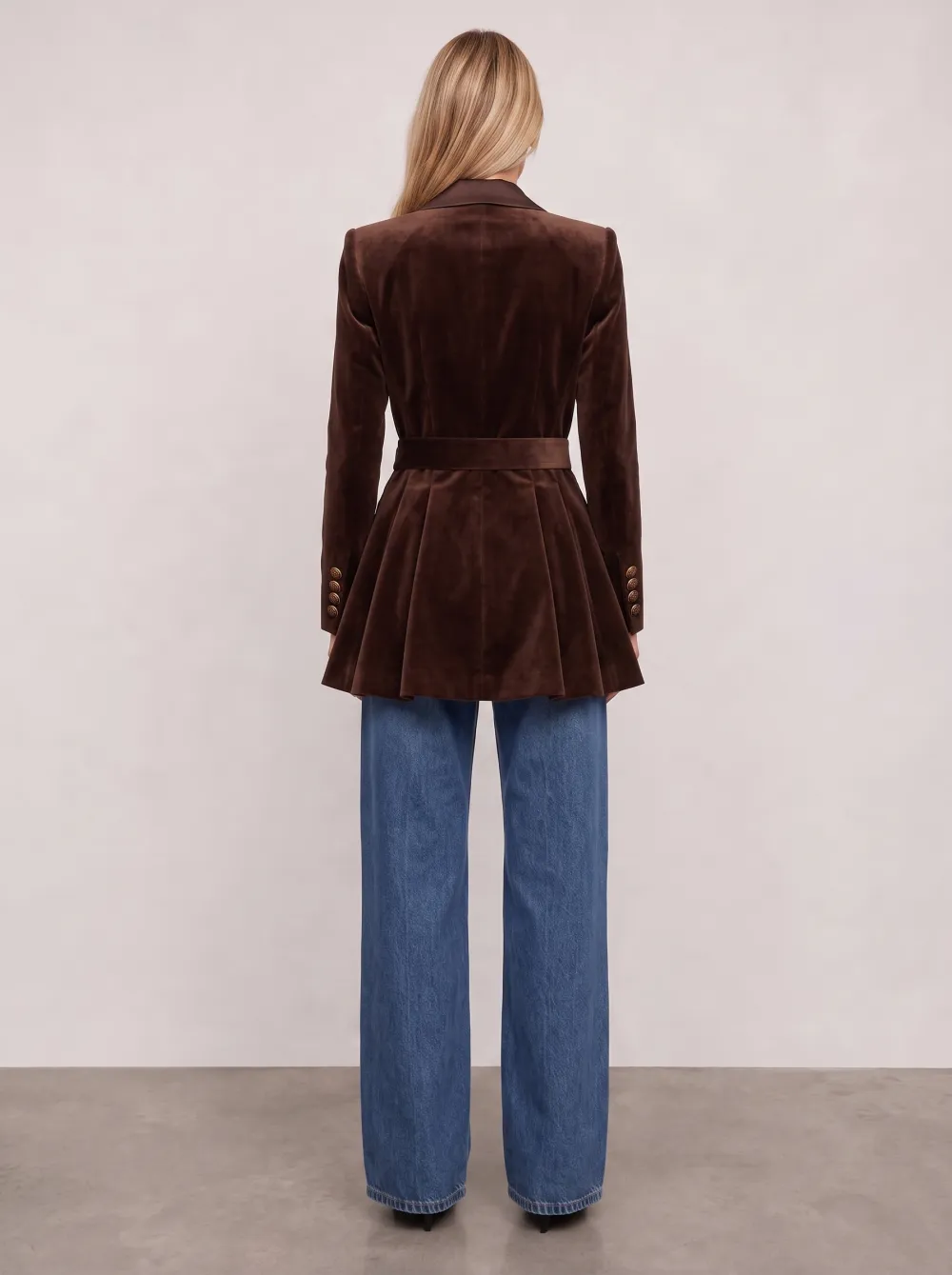 Women's Brown Velvet Peplum Buckle Waist Blazer Jacket