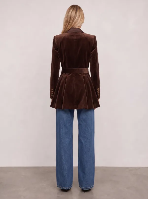 Women's Brown Velvet Peplum Buckle Waist Blazer Jacket