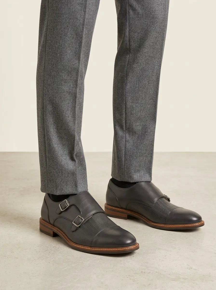 Men's Business Formal Textured Double Monk Strap Printed Leather Shoes