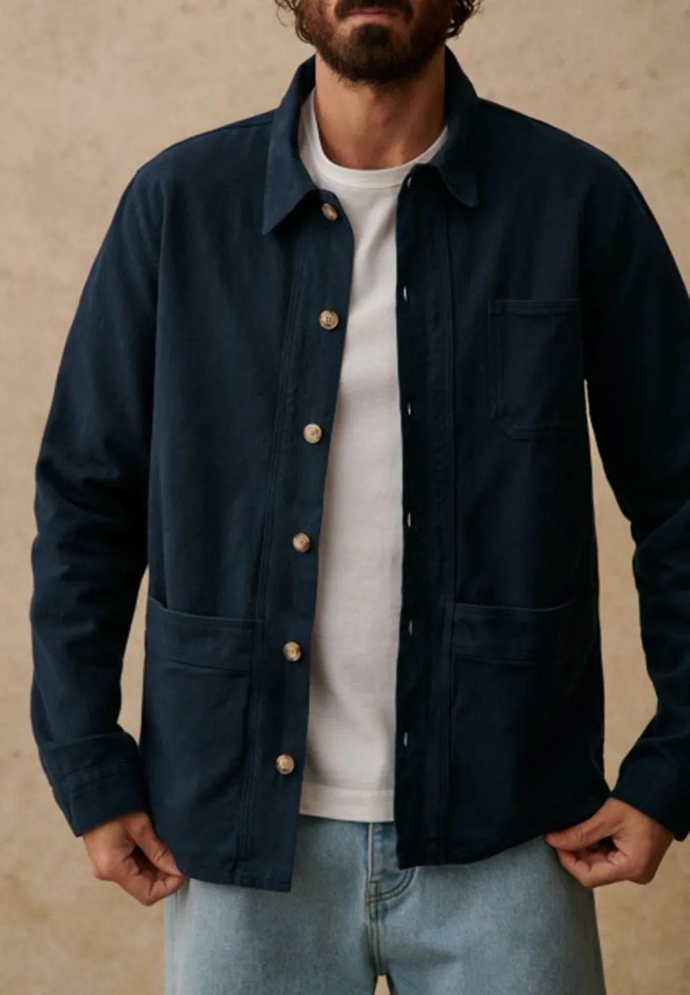 Navy Blue Cotton Button Front Chore Jacket