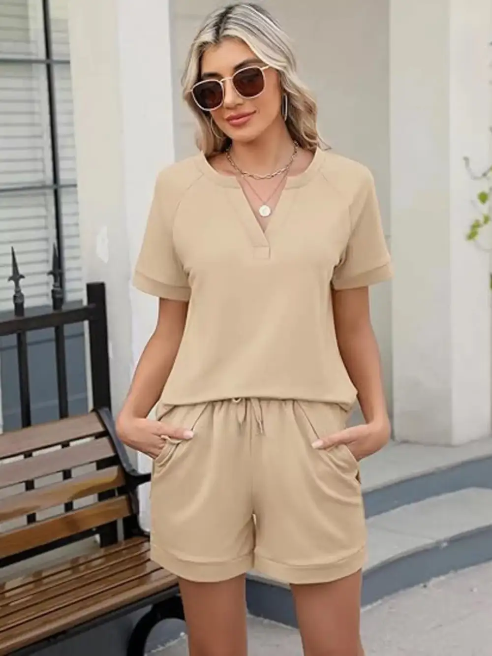 Short Sleeve Top Shorts Two Piece Set