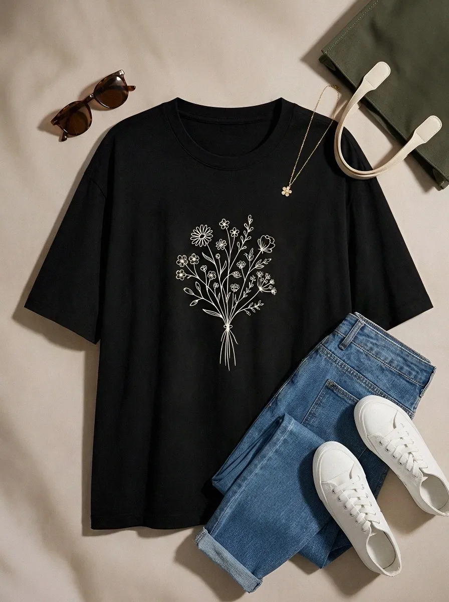 Women's Floral Lover Wildflower Bouquet Printed T-shirt