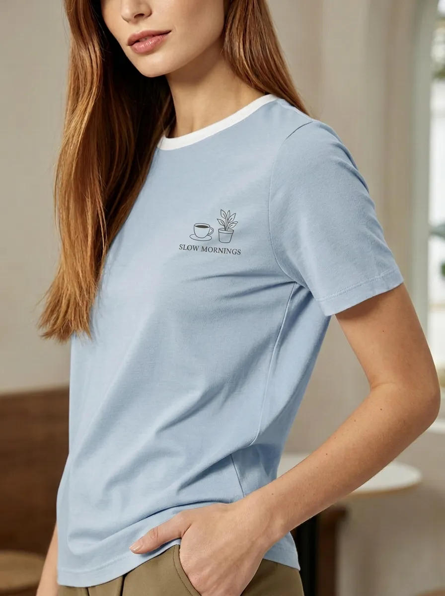 Women's Coffee Plant Lover Slow Mornings Printed T-shirt