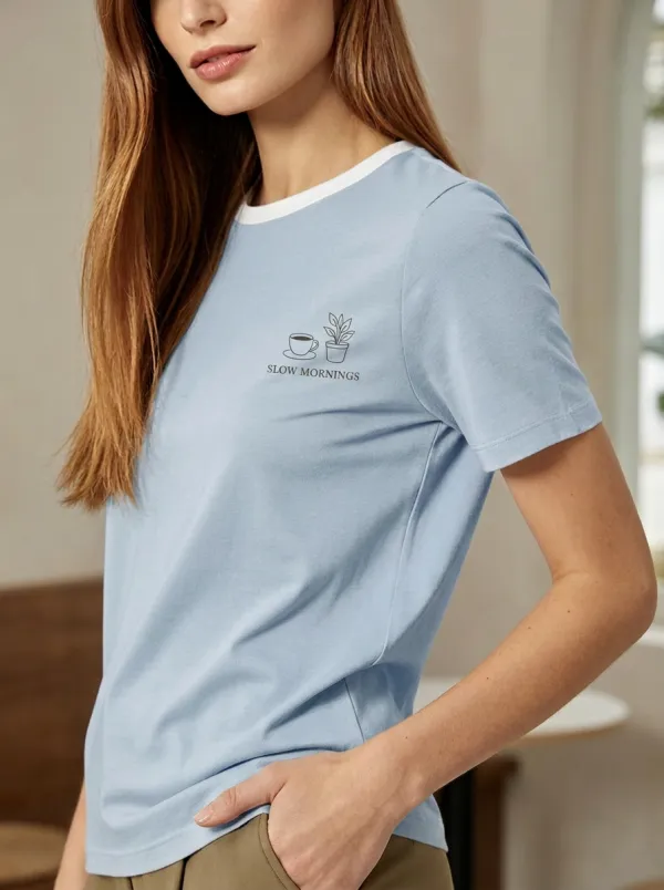 Women's Coffee Plant Lover Slow Mornings Printed T-shirt