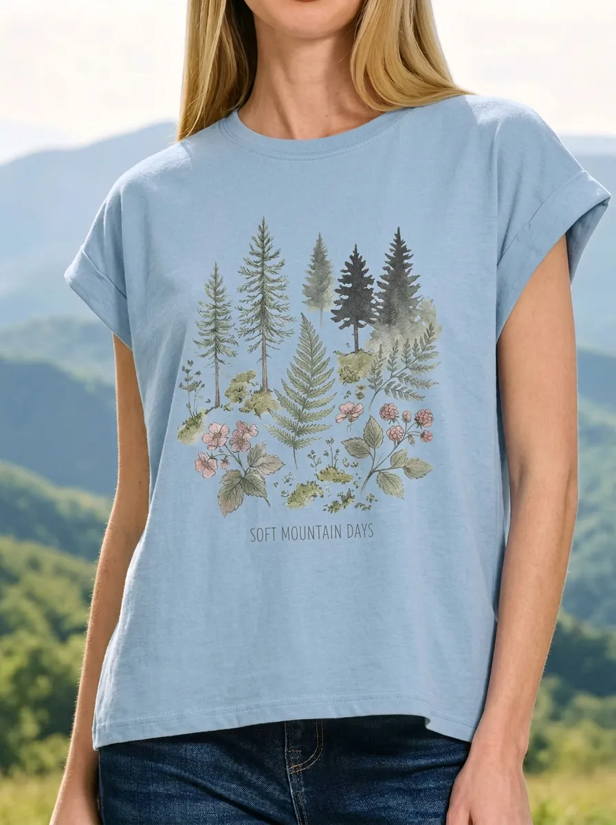 Women's Nature Lover Forest Fern Wildflower Printed T-shirt