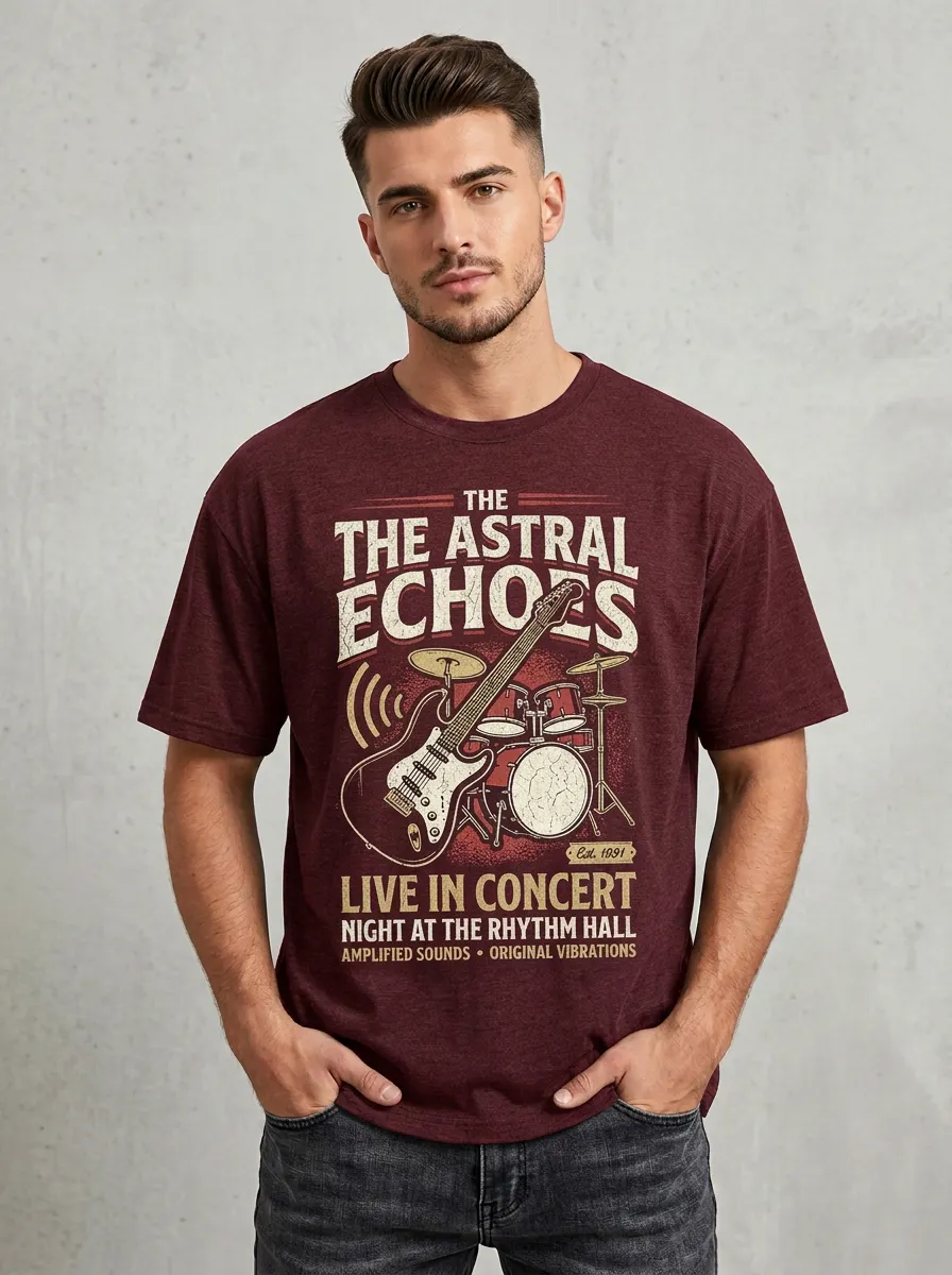 Men's Rock Music Lover Astral Echoes Guitar Drum Printed T-shirt