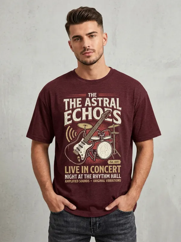Men's Rock Music Lover Astral Echoes Guitar Drum Printed T-shirt