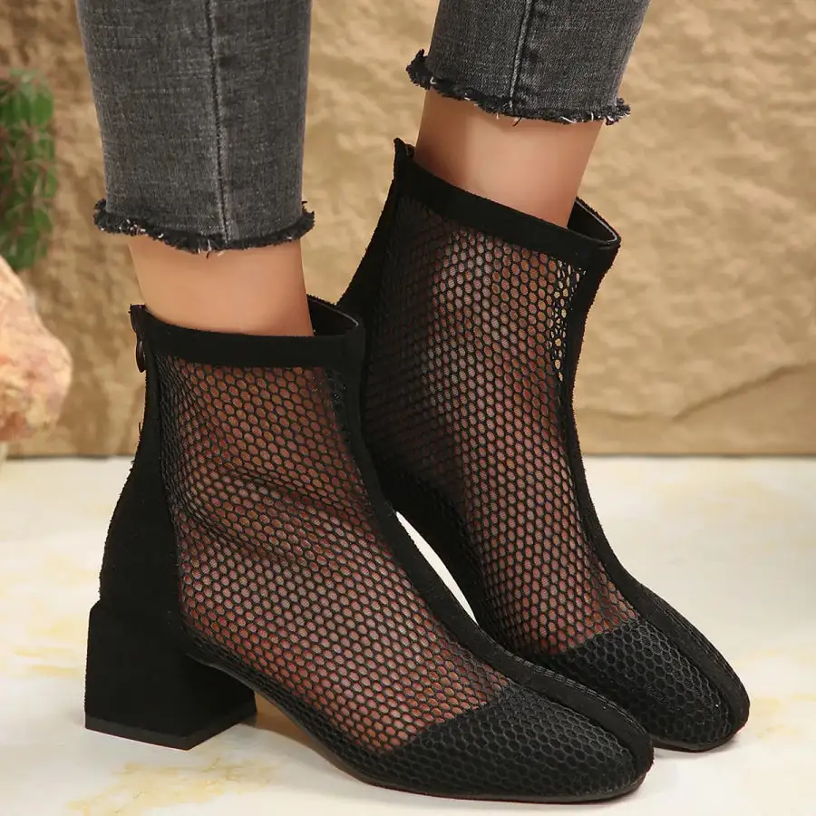 Mesh Block Heel Boots