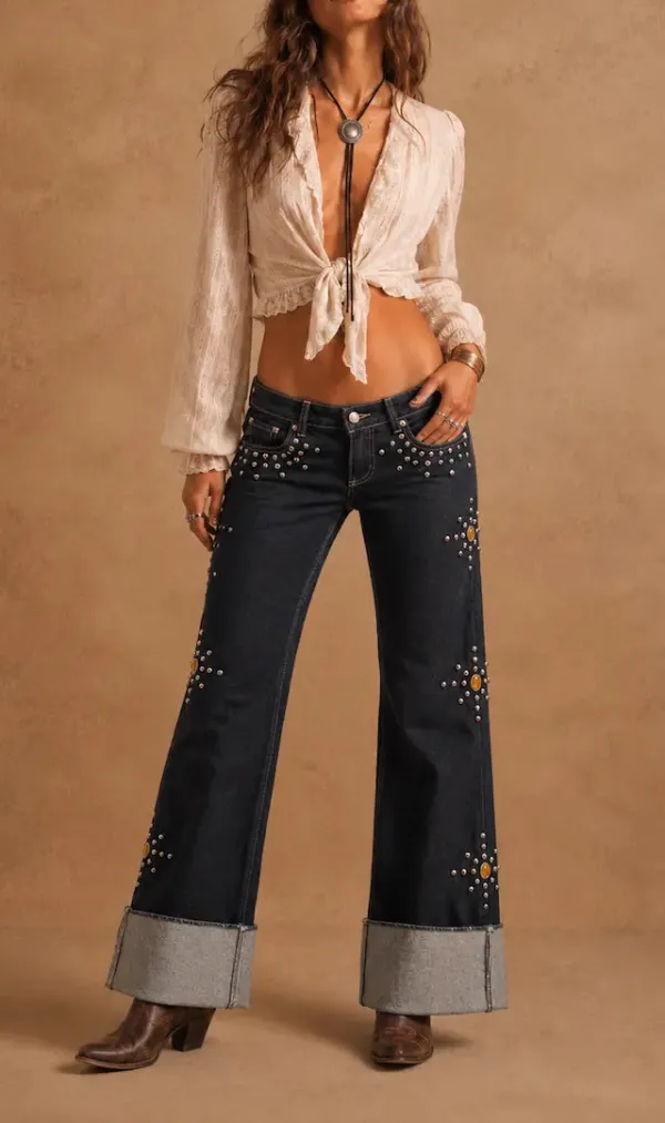 Studded Detail Wide Leg Cuffed Low Rise Western Style Denim Jeans