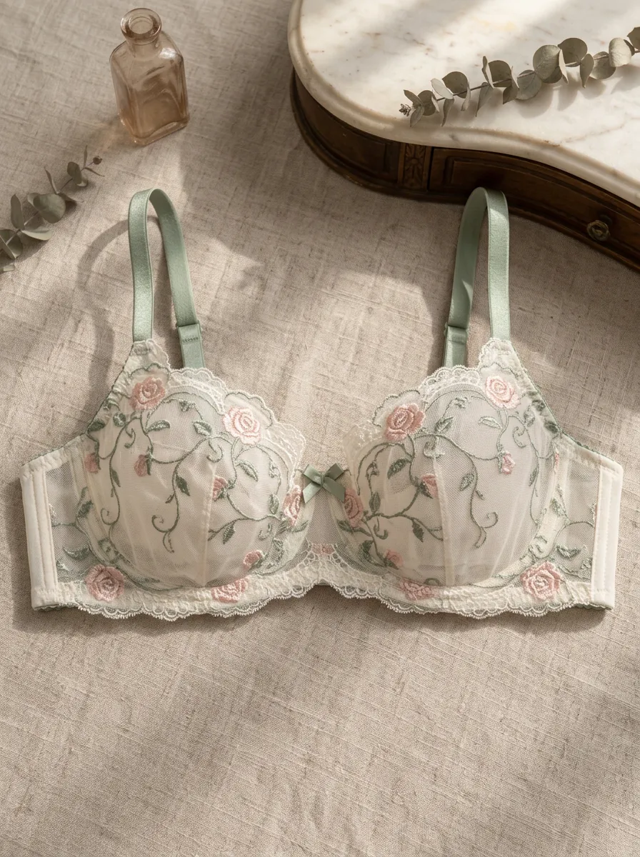 Women's Floral Lover Pink Rose Embroidered Mesh Bra