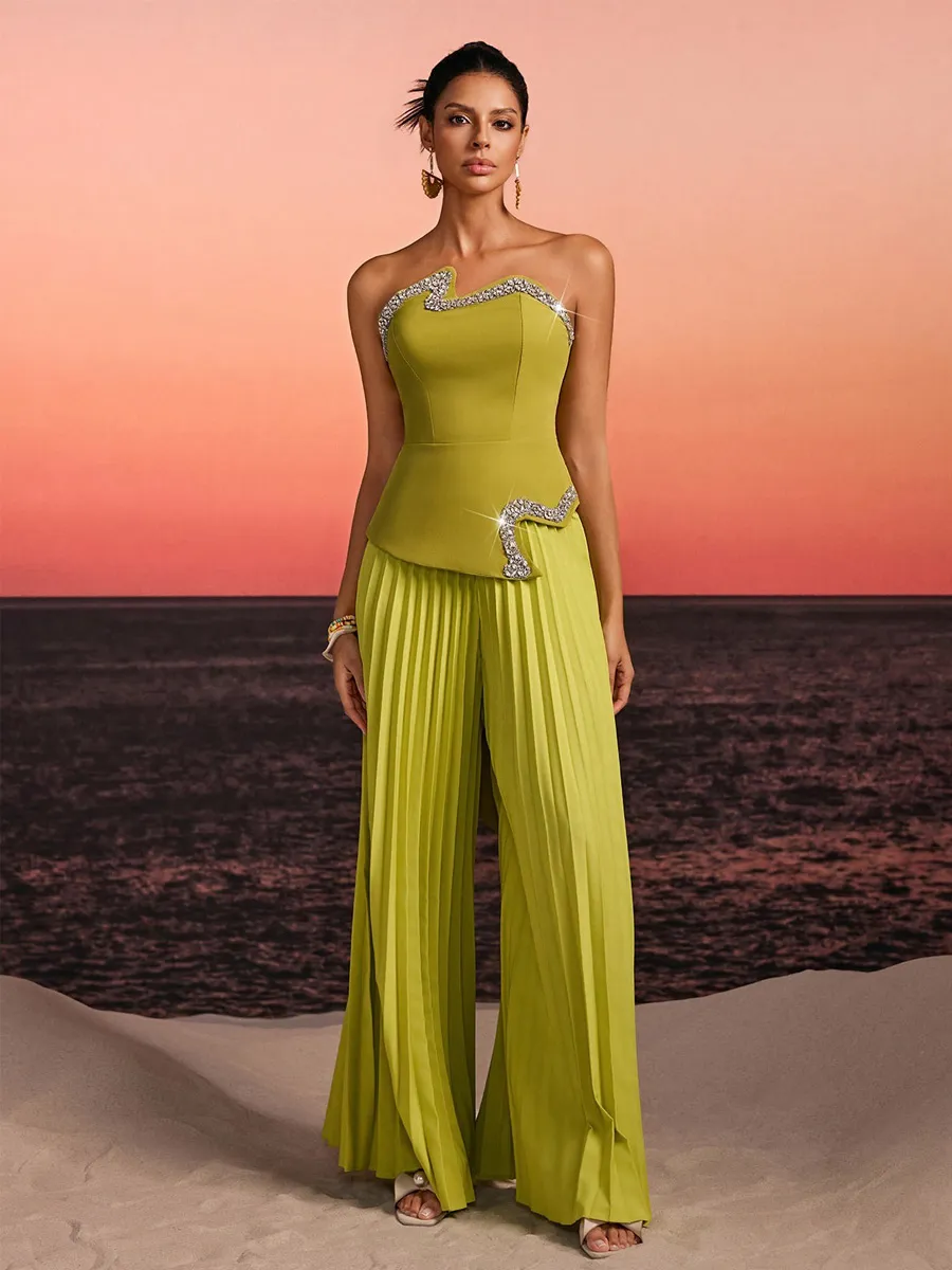 Persephone Strapless Crystal Pleated Pants Set In Green