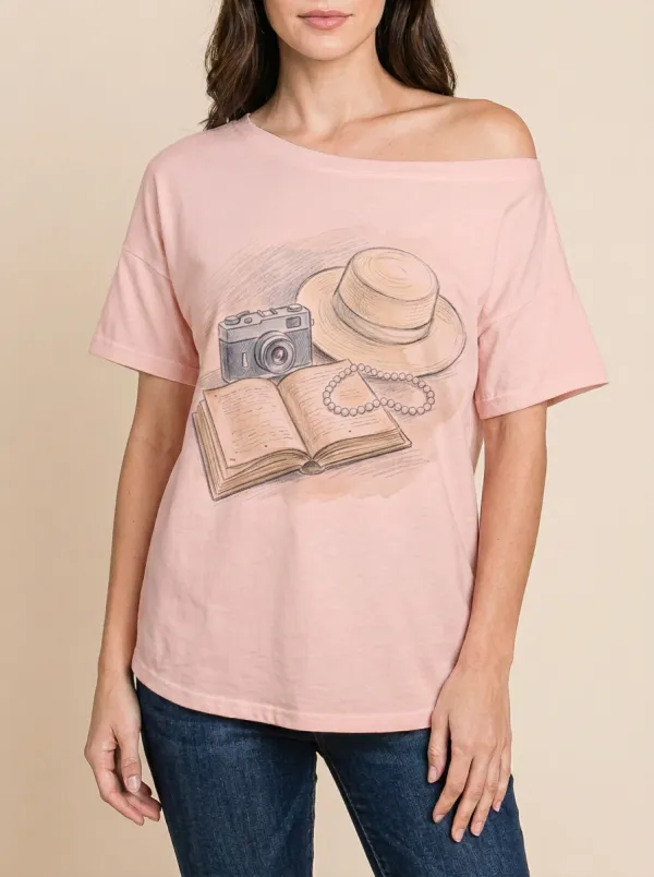 Women's Travel Hobby Camera Book Hat Pearl Printed T-shirt