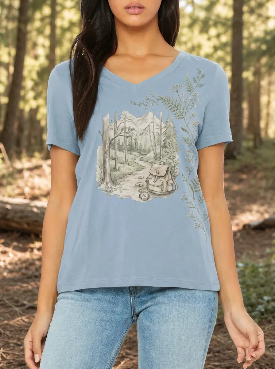 Women's Hiking Nature Lover Forest Backpack Compass Printed T-shirt