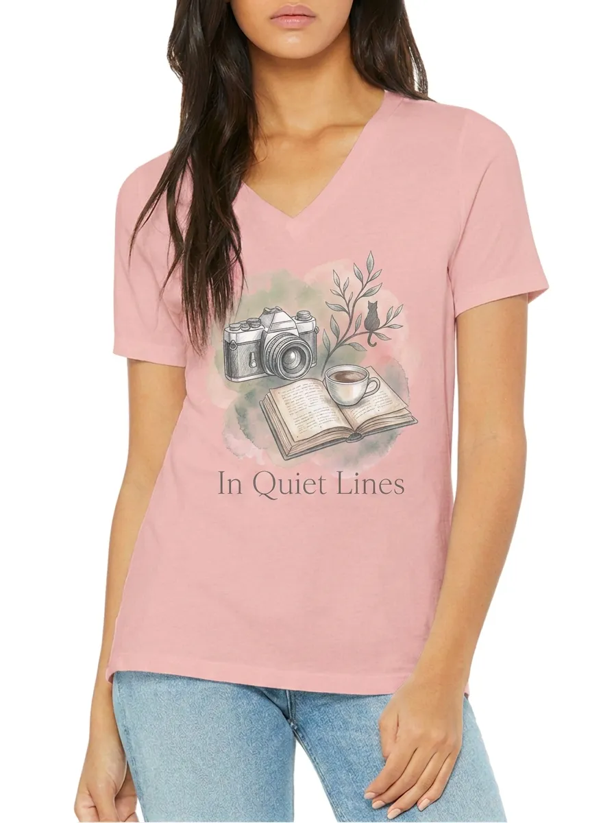 Women's Book Camera Coffee Lover Watercolor Printed V-neck T-shirt