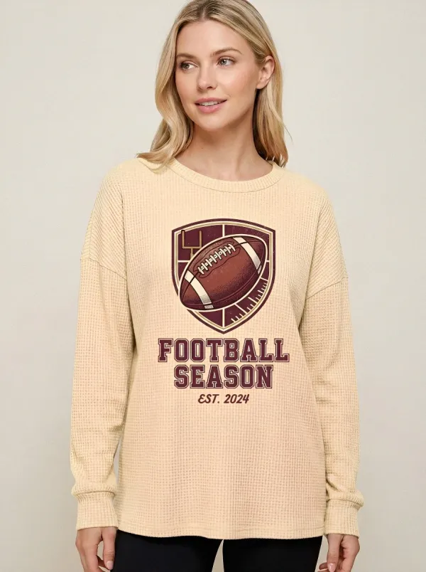 Women's Football Season Shield Graphic Printed Waffle T-Shirt