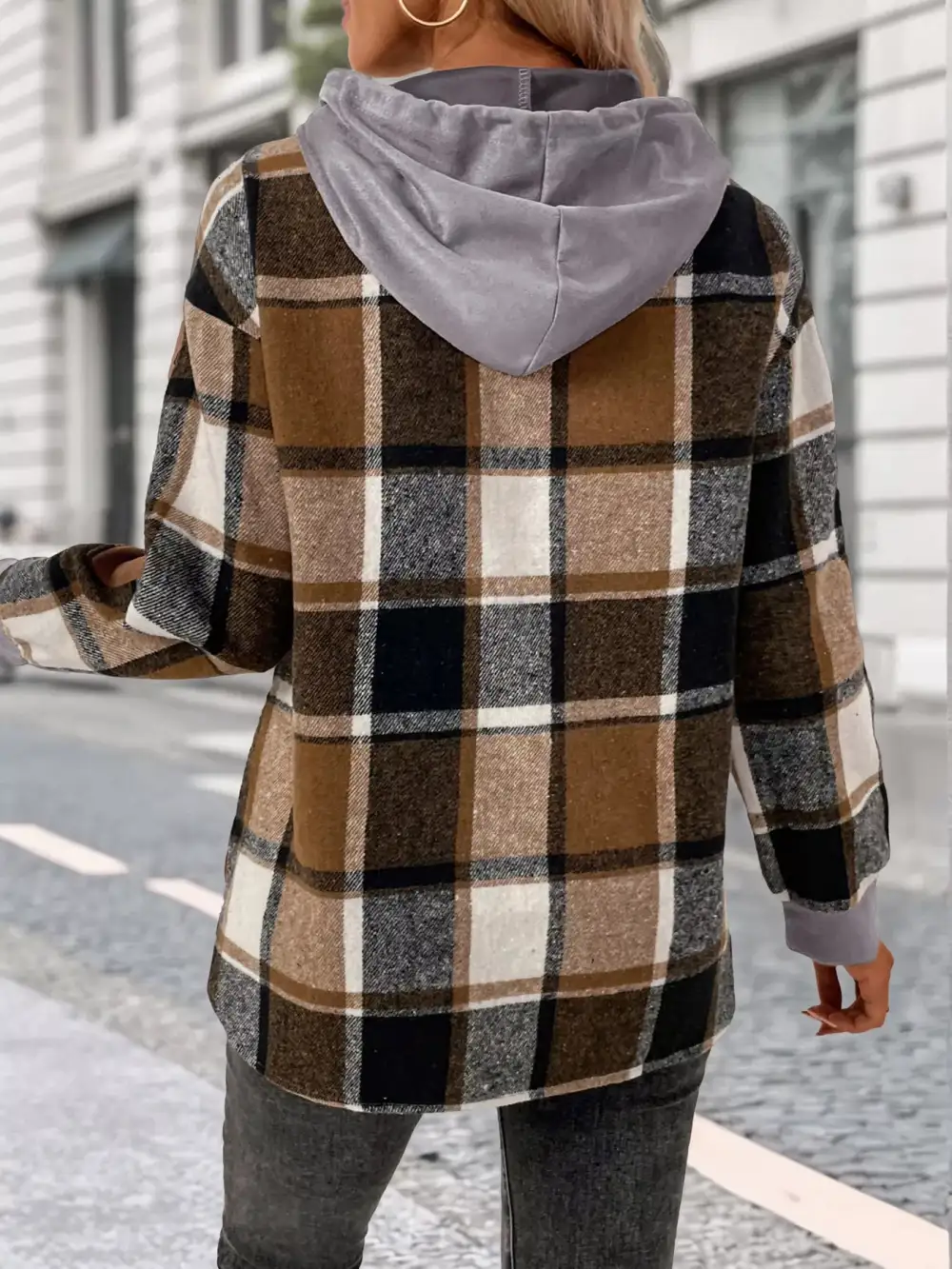 Relaxed Drawstring Long-Sleeve Plaid Hoodie