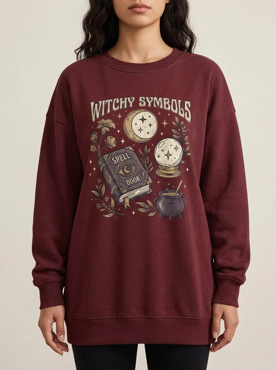 Women's Halloween Witchy Symbols Spell Book Crystal Ball Printed Sweatshirt