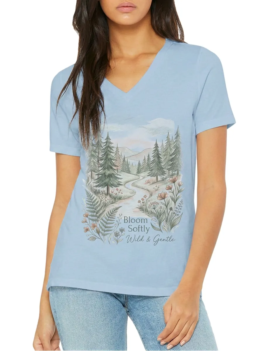 Women's Nature Lover Forest Floral Bloom Softly Printed V-neck T-shirt
