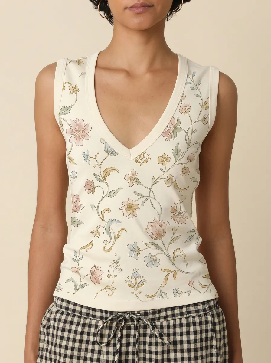 Women's Vintage Floral Botanical Printed V-neck Tank Top