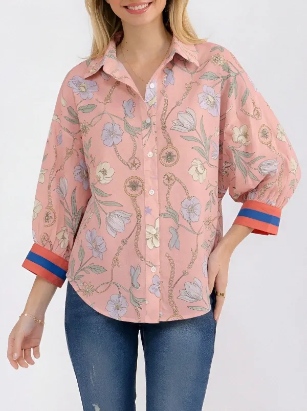 Women's Floral Bee Chain Pattern Printed Button-up Shirt