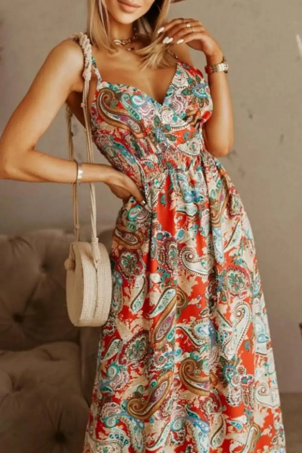 Classic Smocked Spaghetti-Strap Printed Maxi Dress