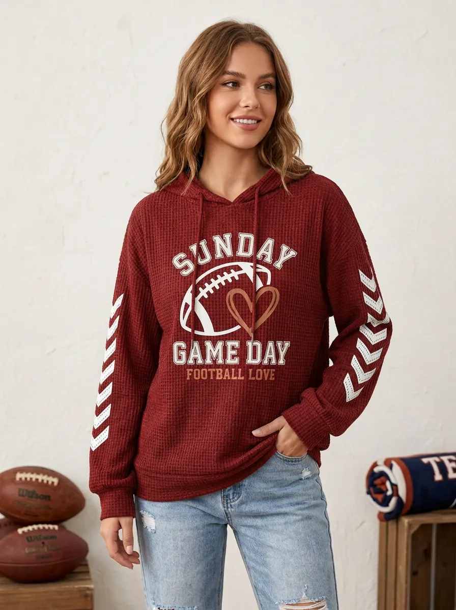 Women's Sunday Game Day Football Heart Printed Waffle Hoodie