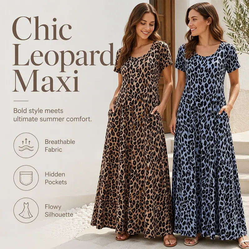 Summer Hot Sale 50% Off! Women's Leopard Print Maxi Dress with Pockets Casual Short Sleeve Long Dress