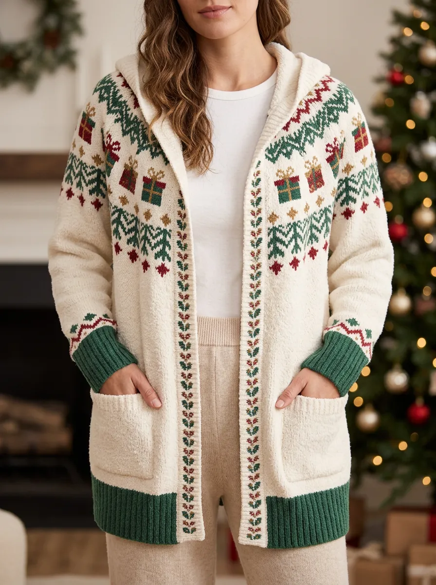 Christmas Gift Tree Pattern Print Hooded Cardigan