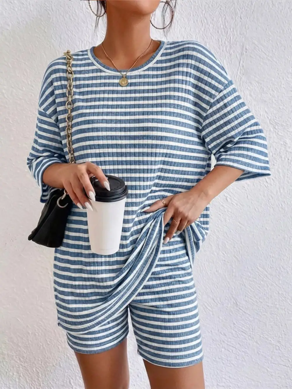 Striped Round Neck Top Shorts Set