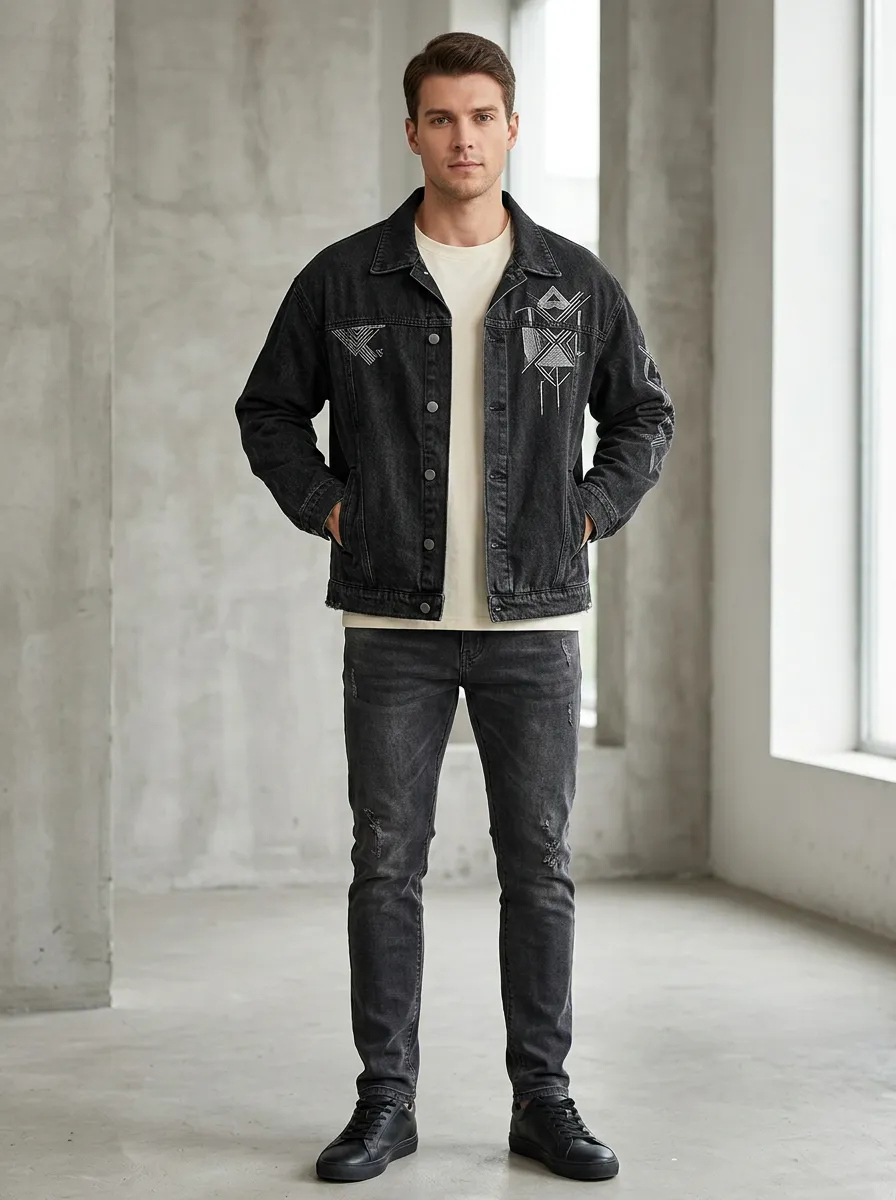 Men's Patterned Motif Geometric Printed Denim Jacket