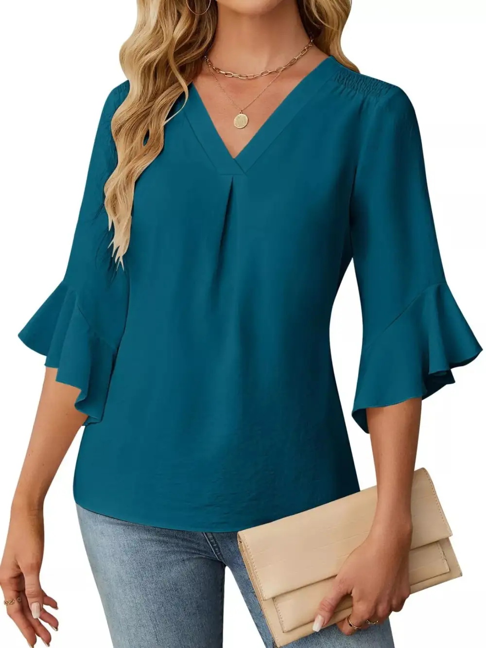 V Neck Ruffle Sleeve Blouse