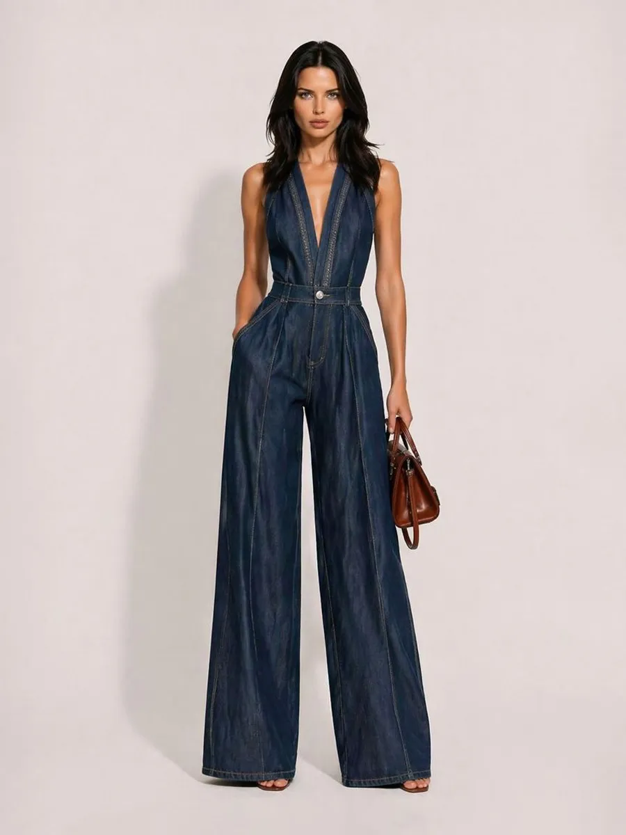 Clementine Casual Retro V-Neck Sleeveless Denim Jumpsuit