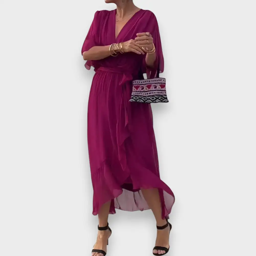 V-Neck Belted Casual Dress