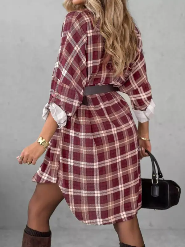 Wearable Cut Plaid Long Sleeve Mini Dress