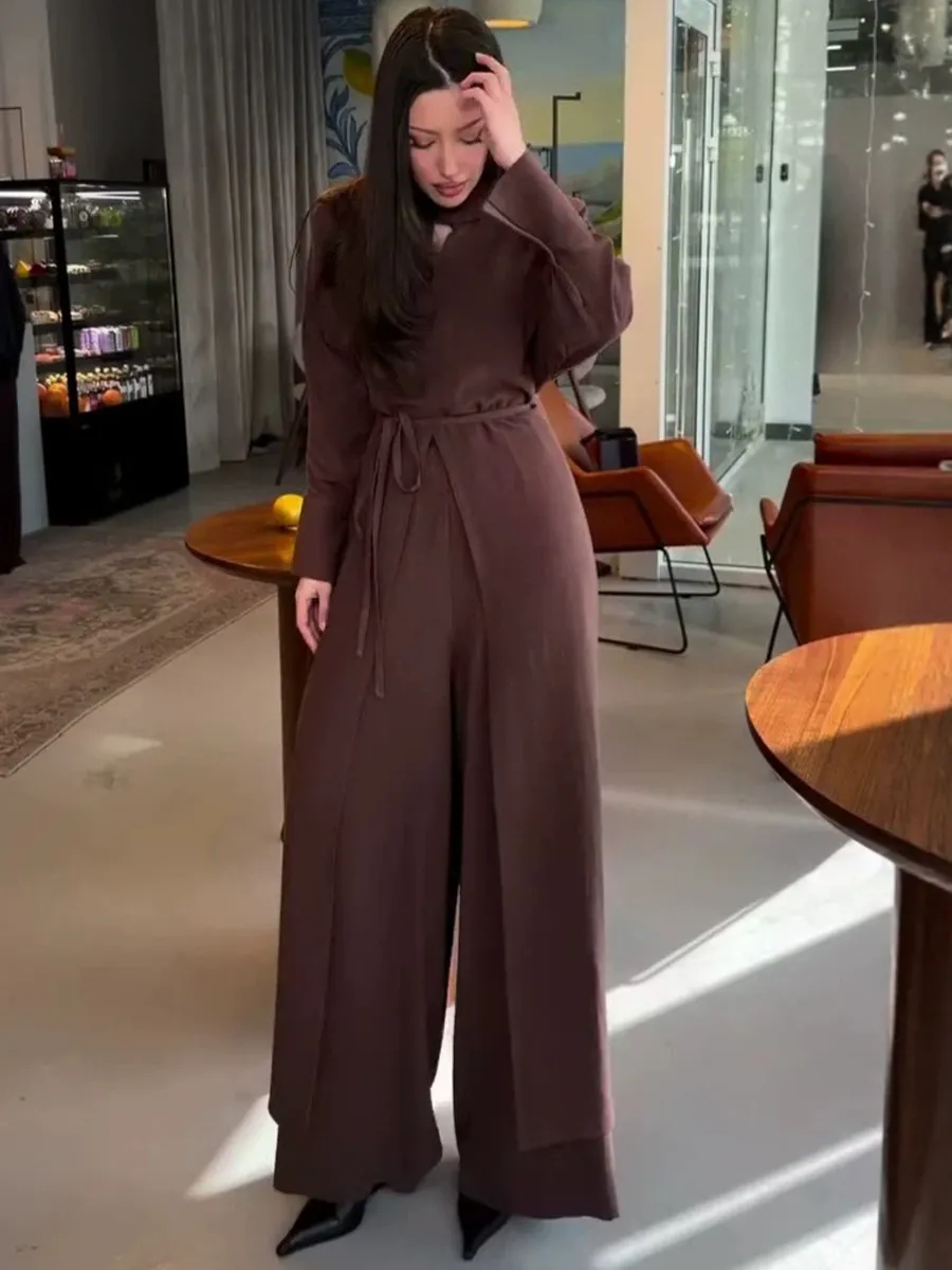 Imogen Long-Sleeve Tie-Front Top and High-Waisted Wide-Leg Pants Set