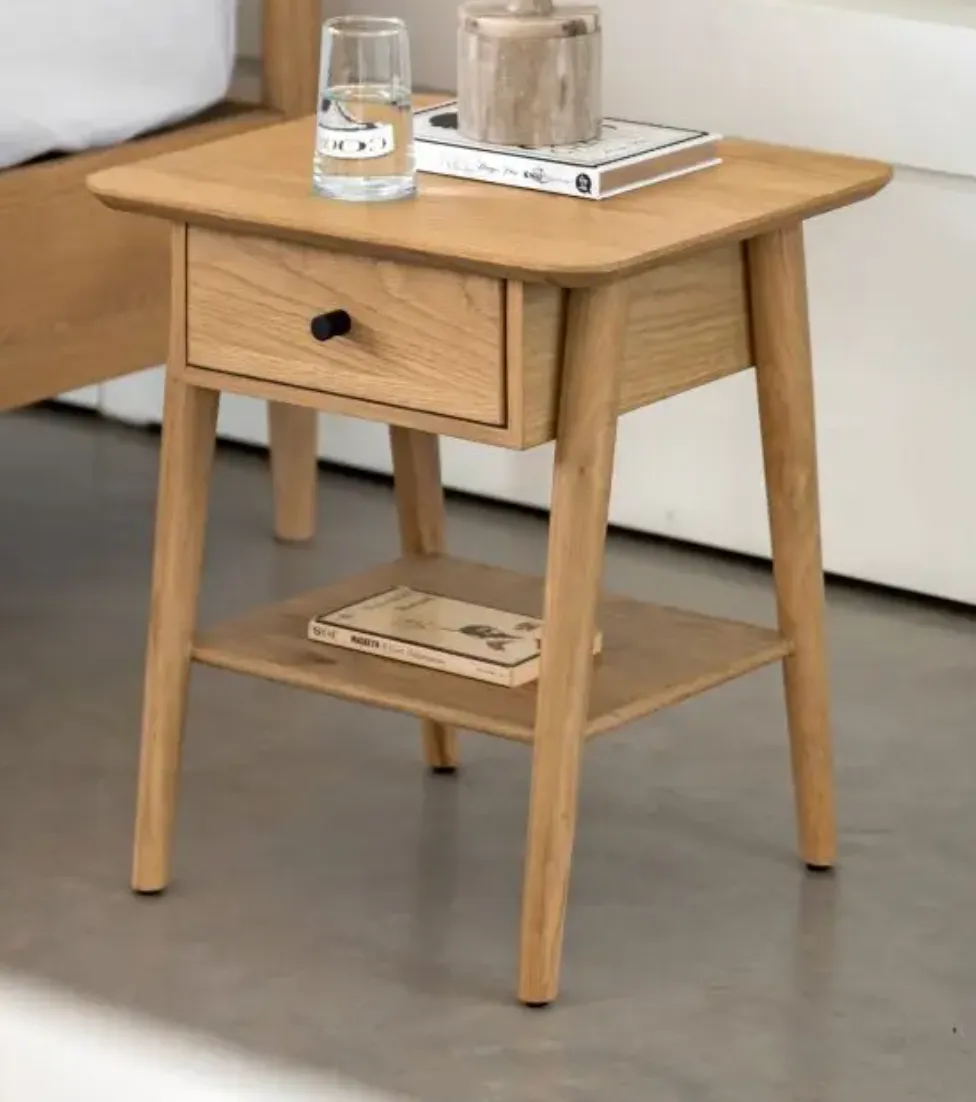 Drawer-Storage Oak Tapered-Leg Bedside Table