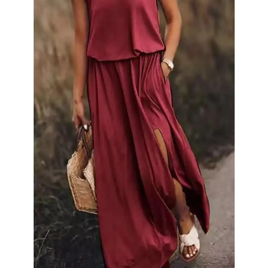Full Size Round Neck Sleeveless Slit Maxi Dress Plus Size